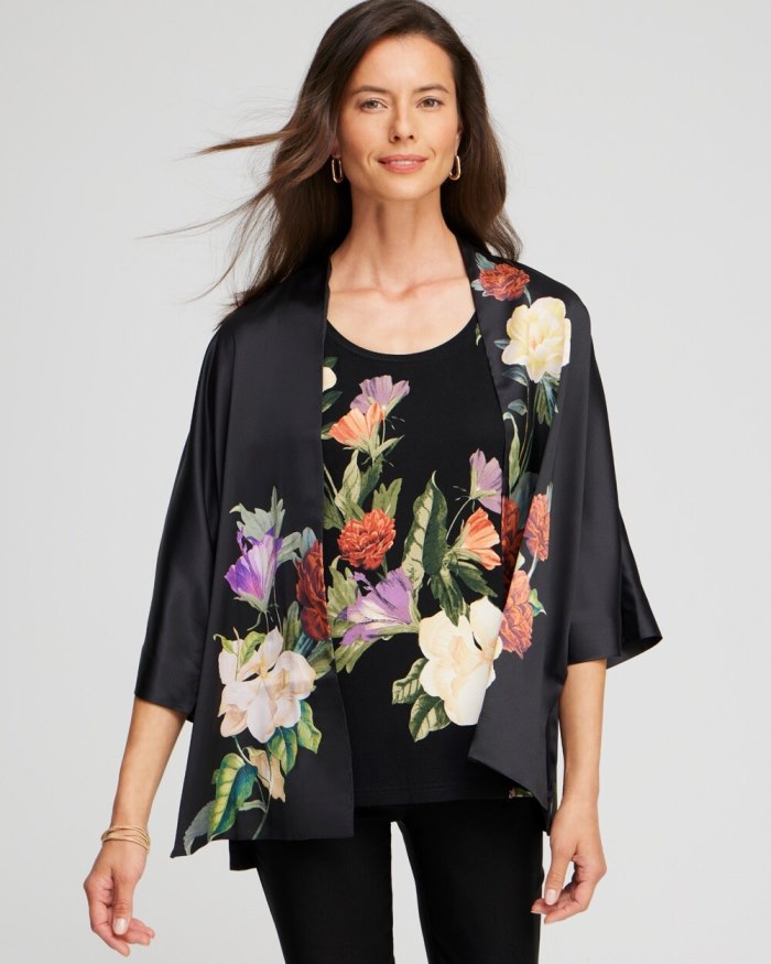 Chicos Floral Short Kimono - Black