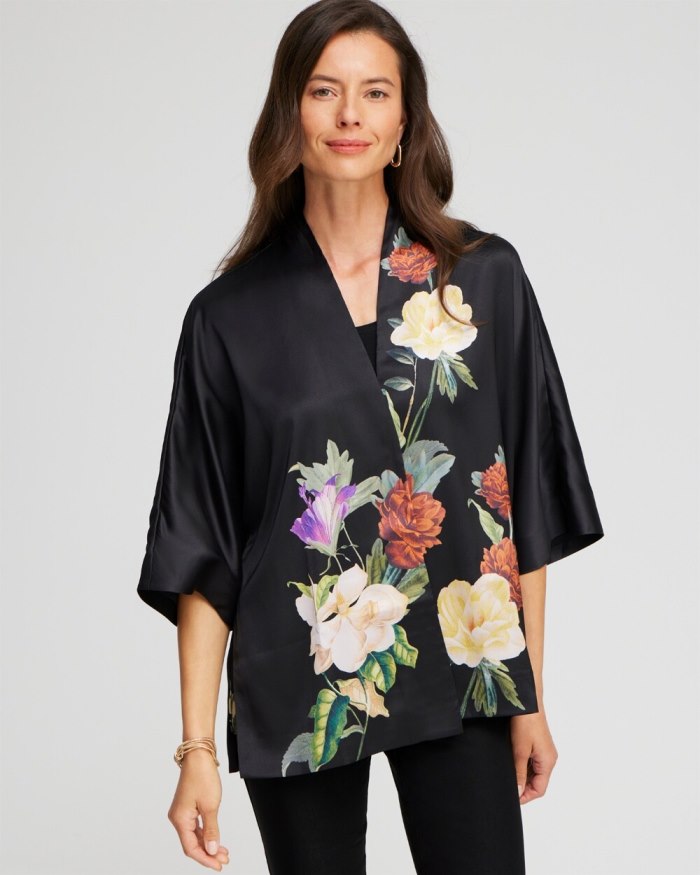 Chicos Floral Short Kimono - Black