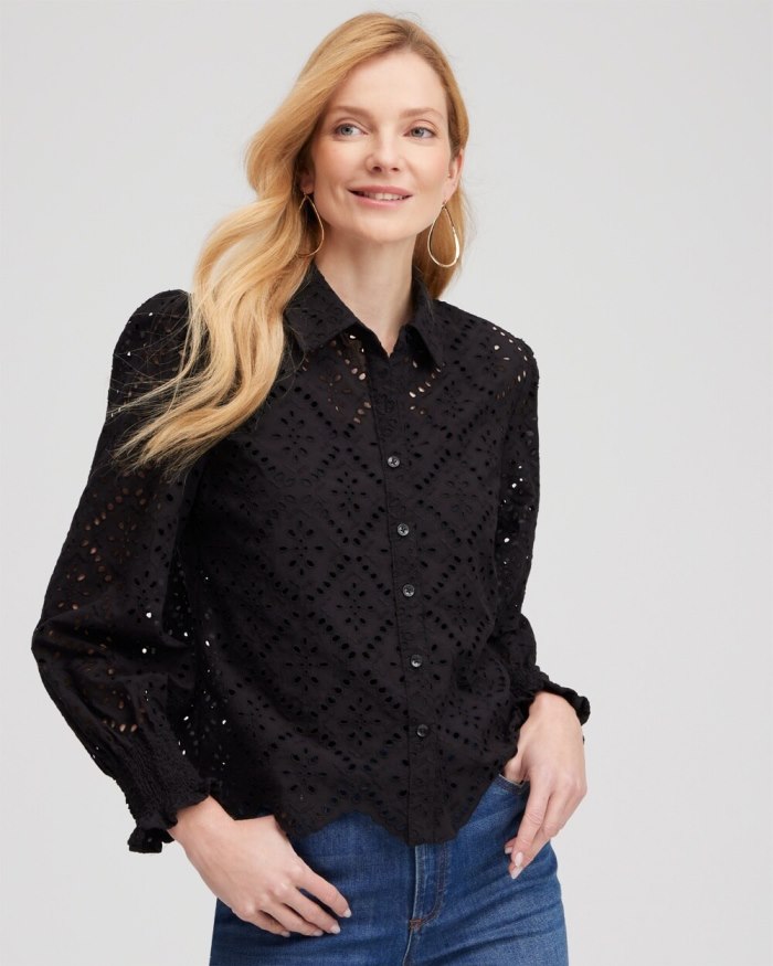 Chicos Eyelet Scallop Hem Blouse - Black