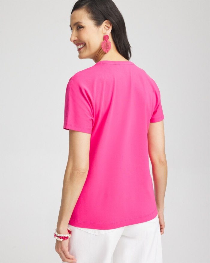 Chicos Beaded Cotton Stretch Tee - PINK BROMELIAD