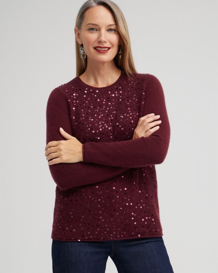 Chicos Cashmere Sequin Crew Neck Sweater - Merlot