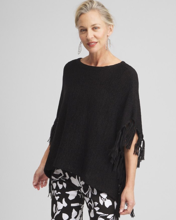 Chicos Fringe Knit Poncho - Black