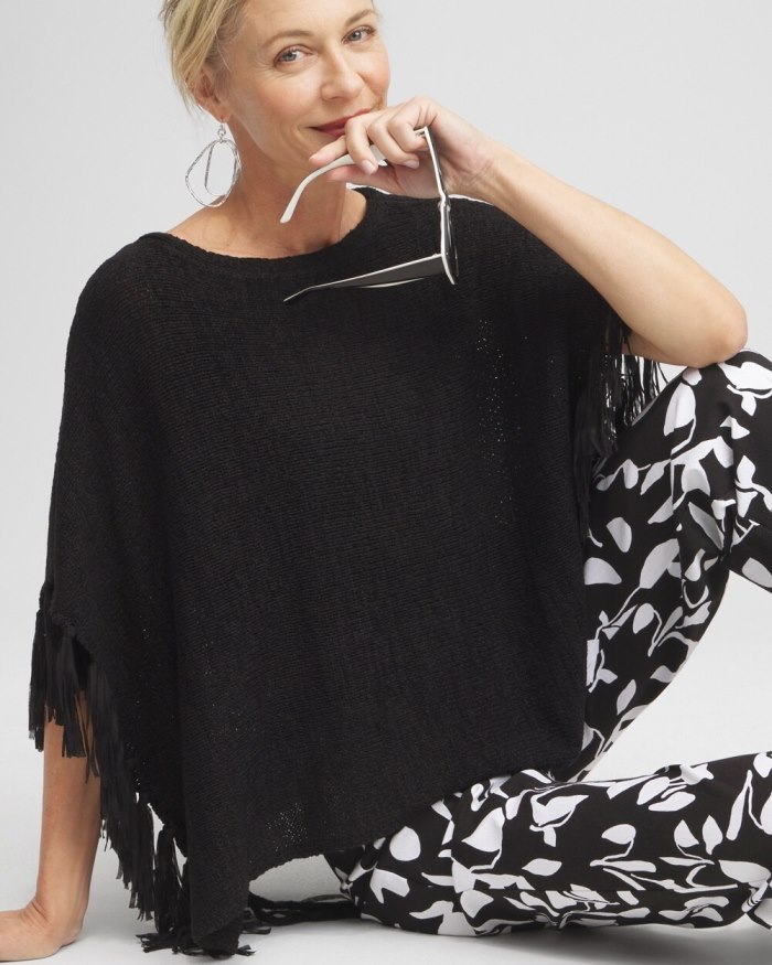 Chicos Fringe Knit Poncho - Black