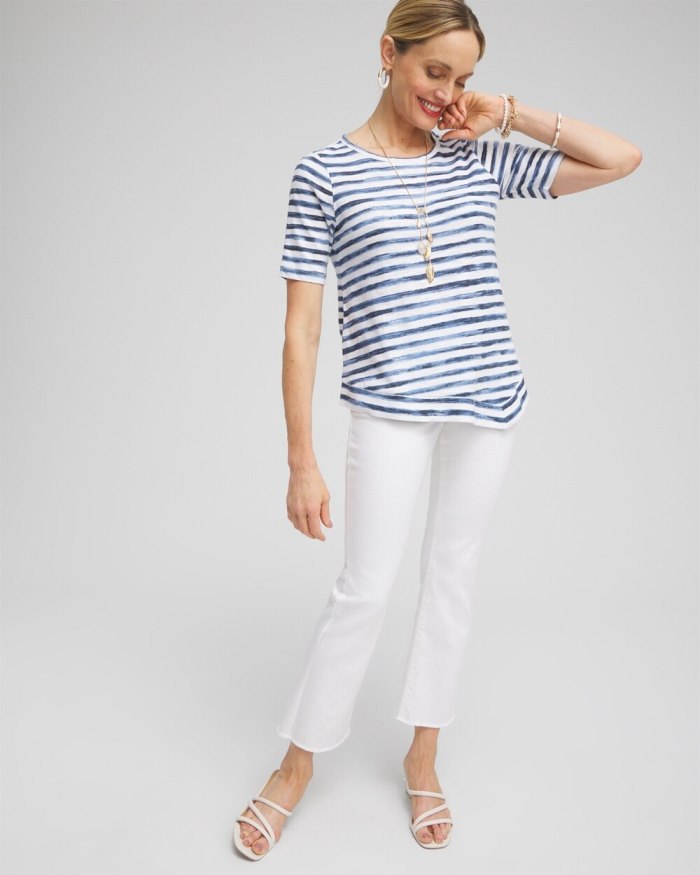 Chicos Stripe Asymmetrical Elbow Sleeve Tee - Classic Navy