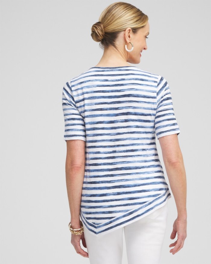 Chicos Stripe Asymmetrical Elbow Sleeve Tee - Classic Navy