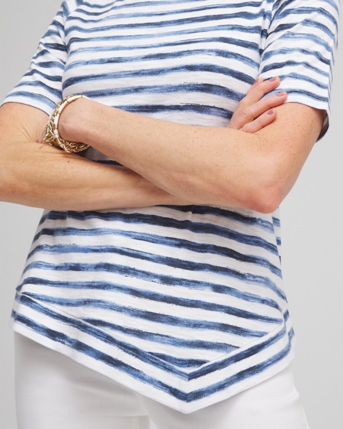 Chicos Stripe Asymmetrical Elbow Sleeve Tee - Classic Navy