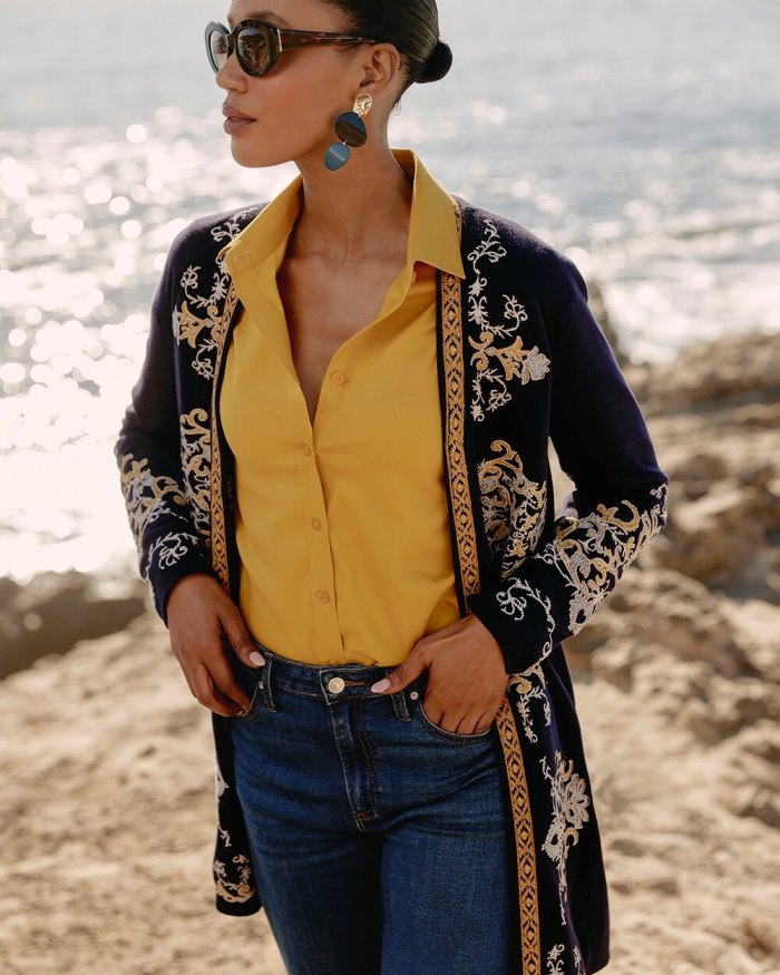 Chicos Embroidered Cardigan - Classic Navy