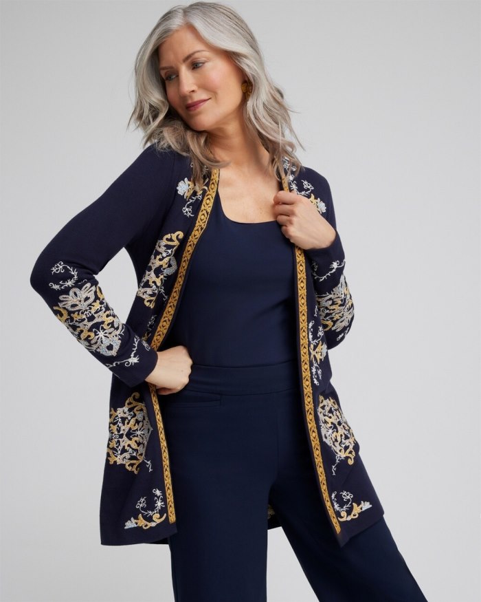 Chicos Embroidered Cardigan - Classic Navy