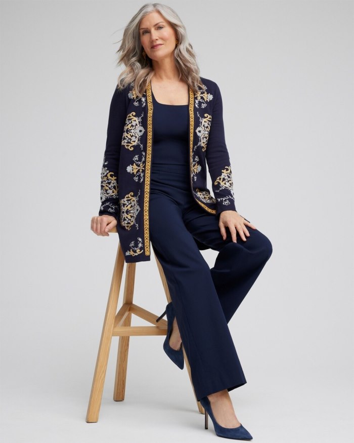 Chicos Embroidered Cardigan - Classic Navy