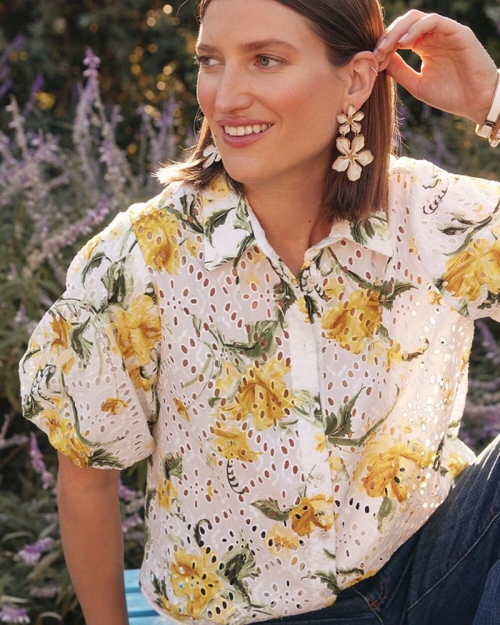 Chicos Floral Eyelet Shirt - Lemon Blossom