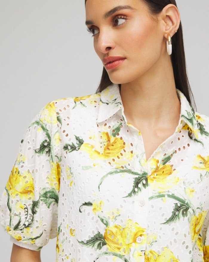 Chicos Floral Eyelet Shirt - Lemon Blossom