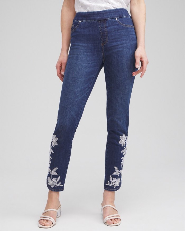 Chicos Embroidered Pull-on Ankle Jeggings - Morwenna Indigo
