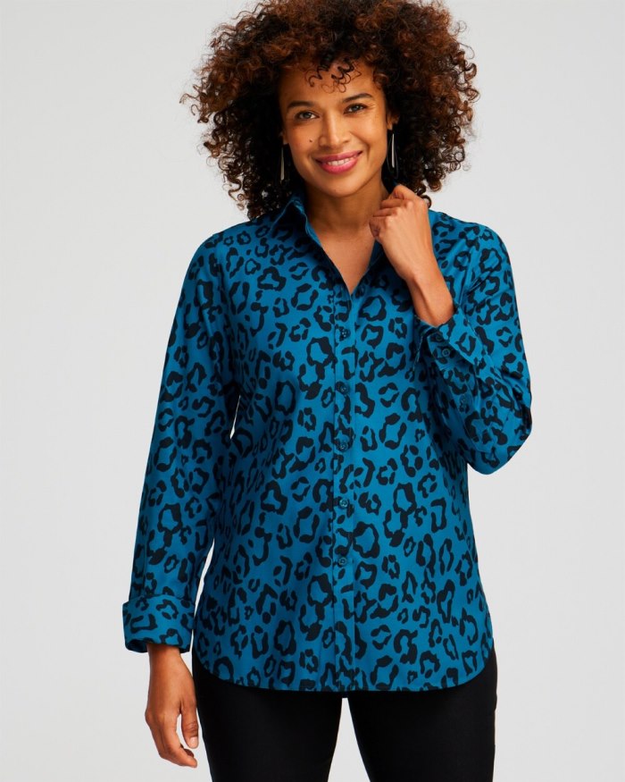 Chicos No Iron Stretch Animal Print Shirt - Moonlit Teal