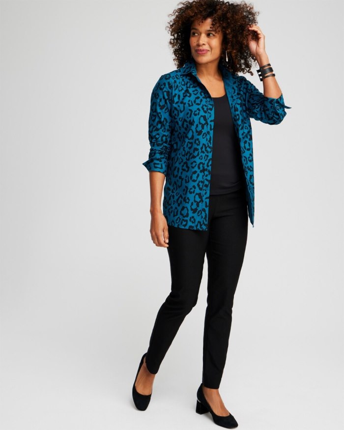 Chicos No Iron Stretch Animal Print Shirt - Moonlit Teal