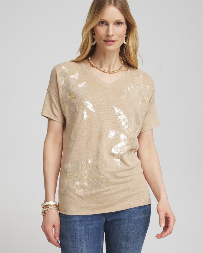 Chicos Neutral Sequin Embellished Tee - Sycamore