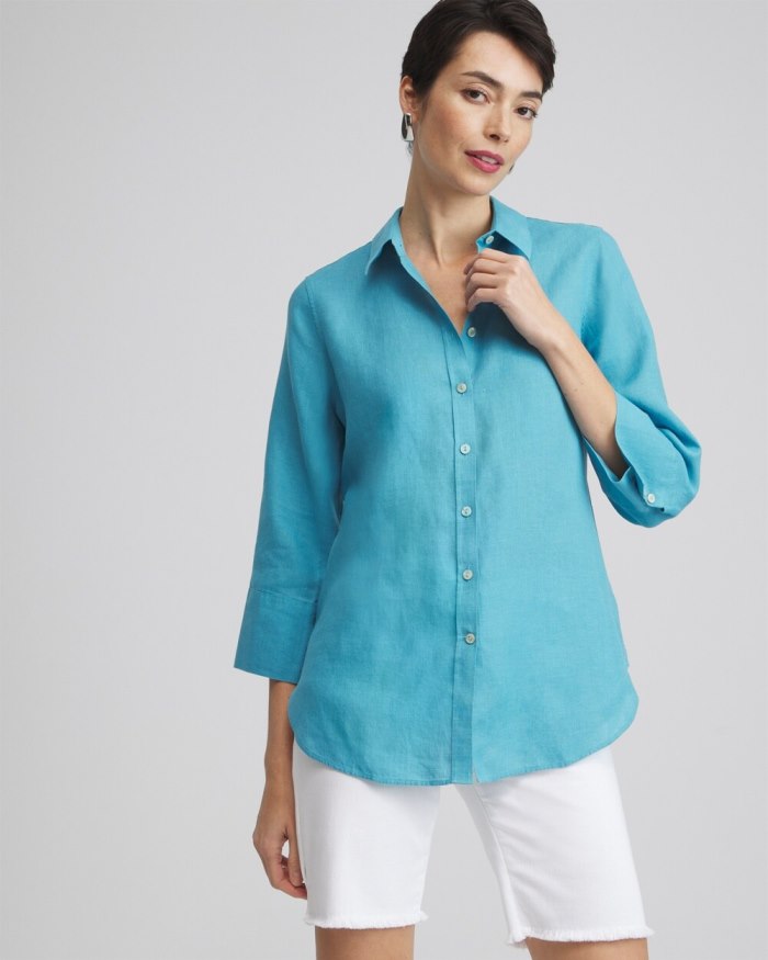 Chicos No Iron Linen 3/4 Sleeve Shirt - Cool Water