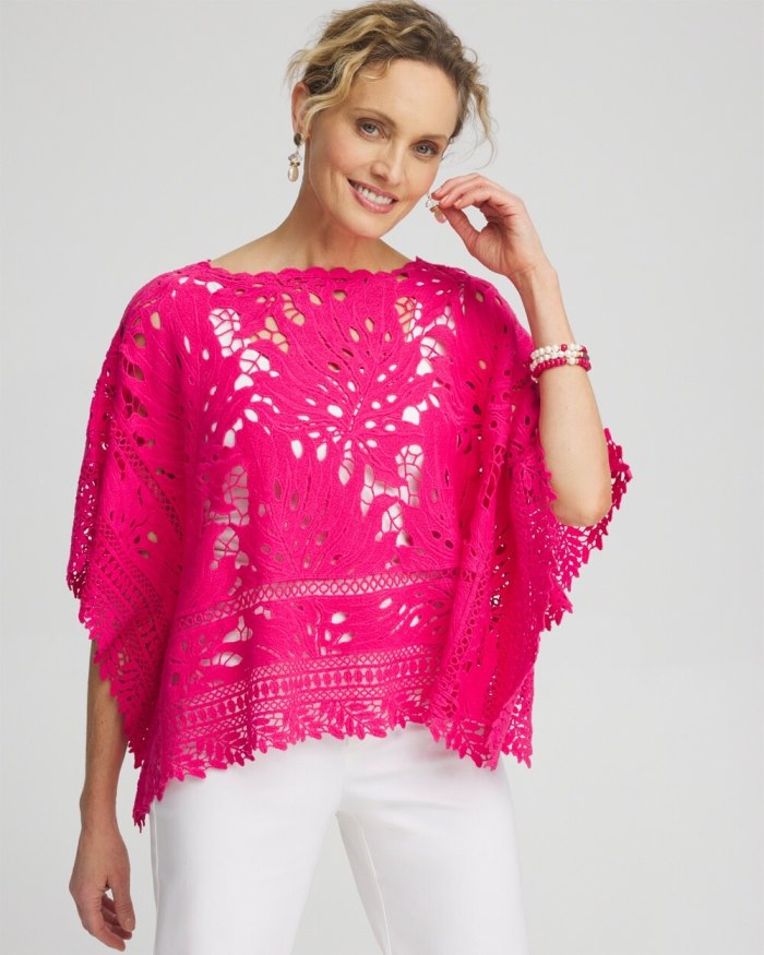 Chicos Lace Crochet Poncho - PINK BROMELIAD