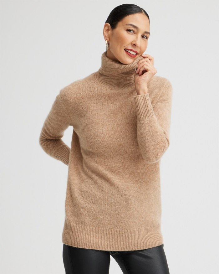 Chicos Cashmere Turtleneck Tunic Sweater - Camel