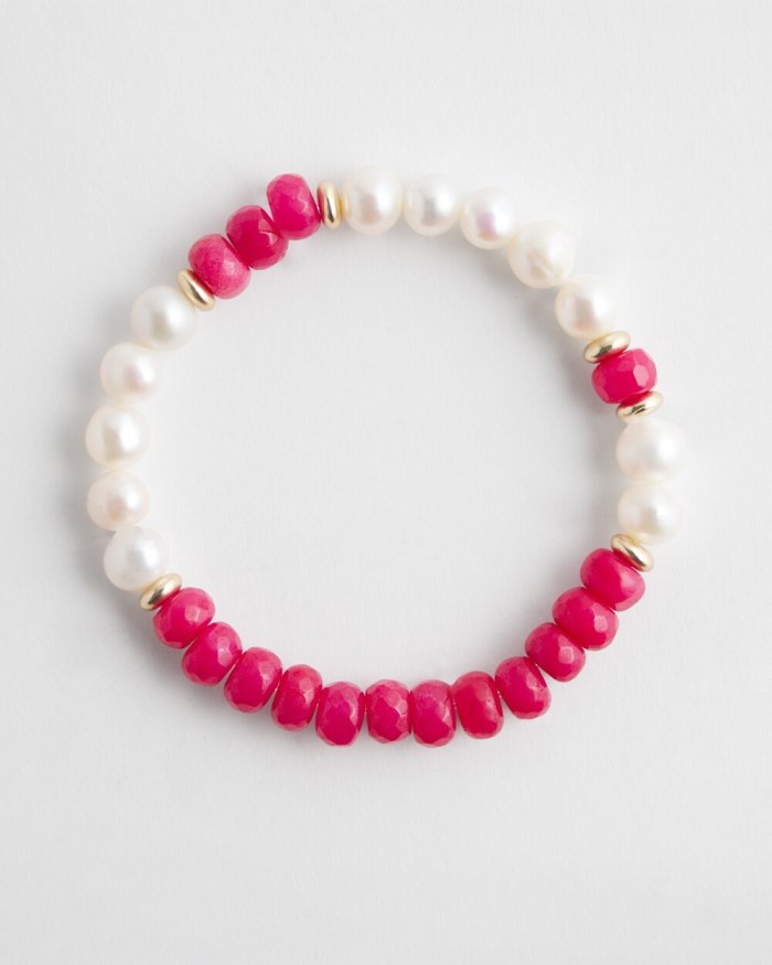 Chicos Jade & Fresh Water Pearl Stretch Bracelet - PINK BROMELIAD