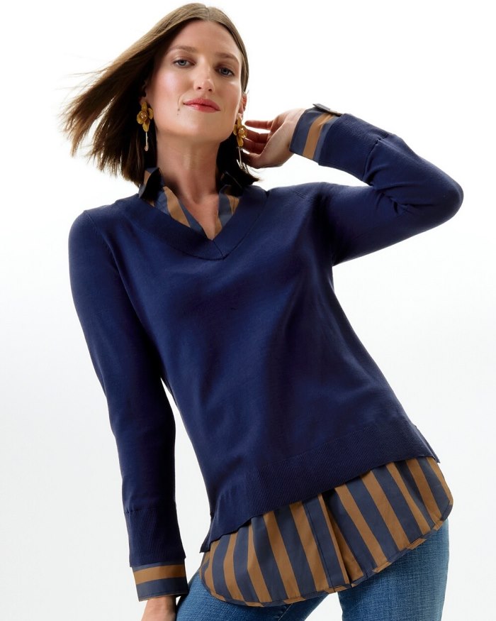 Chicos Stripe Built-in Shirt Sweater - Classic Navy