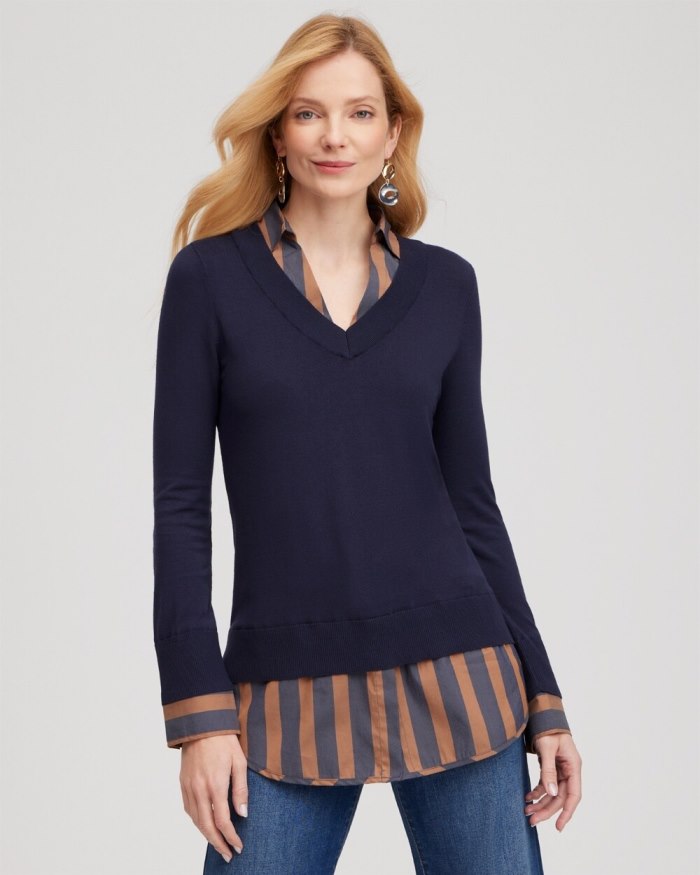 Chicos Stripe Built-in Shirt Sweater - Classic Navy