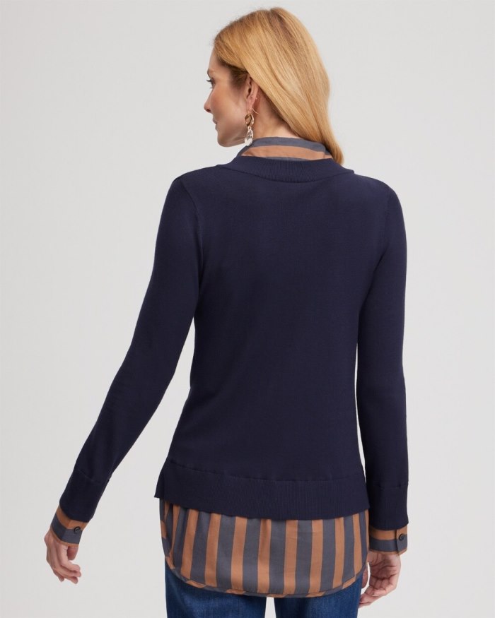 Chicos Stripe Built-in Shirt Sweater - Classic Navy