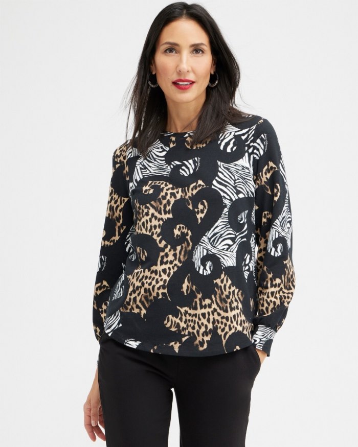 Chicos Zenergy Mixed Animal Print Sweatshirt - Black