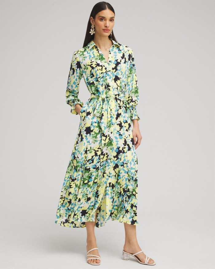 Chicos Yellow Floral Maxi Shirt Dress - Classic Navy