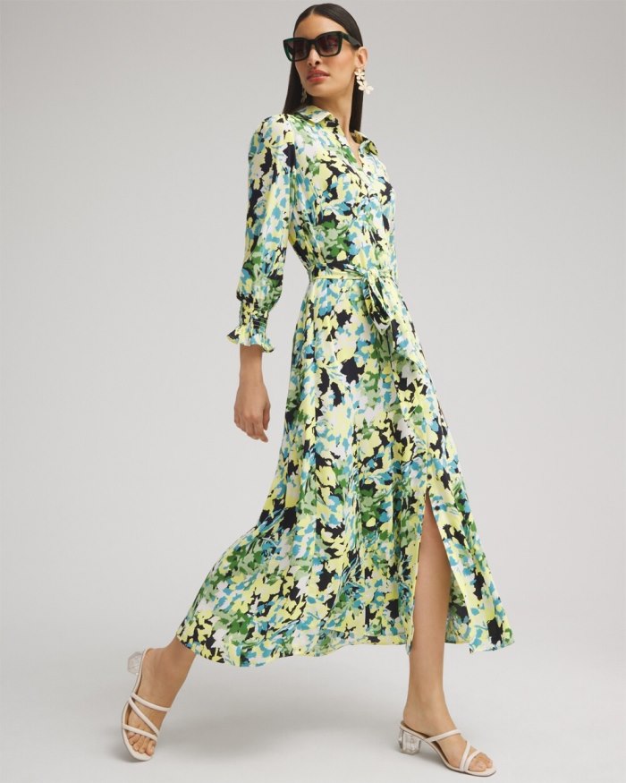 Chicos Yellow Floral Maxi Shirt Dress - Classic Navy