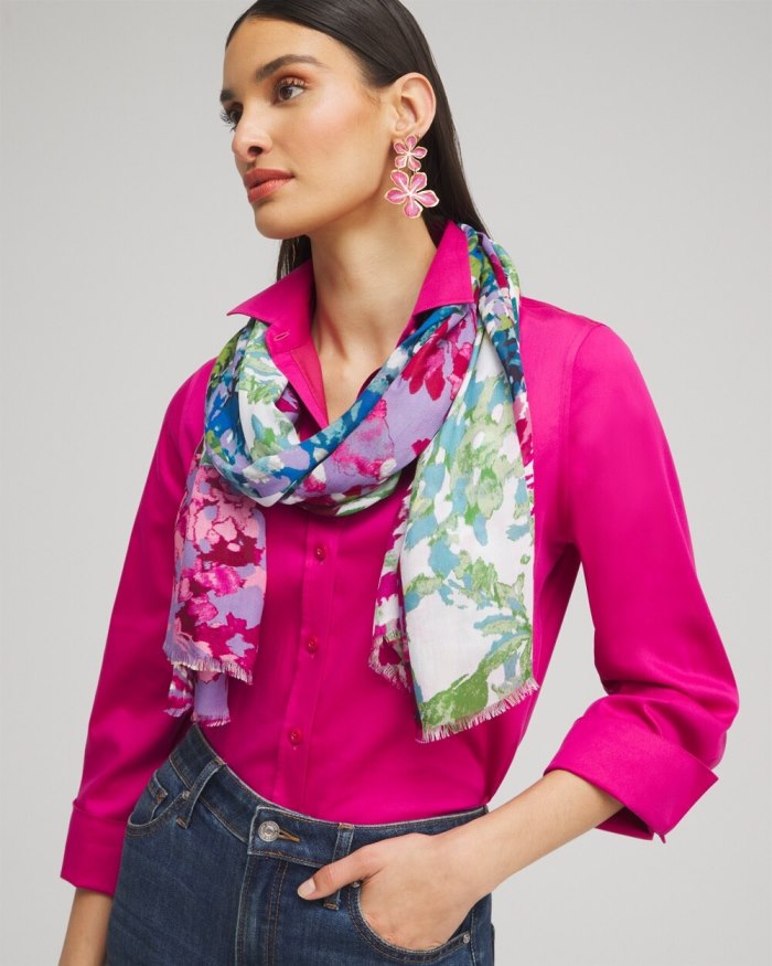 Chicos Mixed Floral Print Oblong Scarf - Magenta Rose