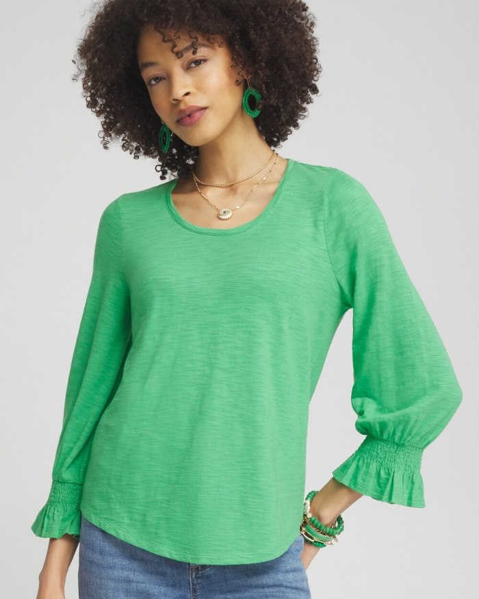 Chicos Smocked 3/4 Sleeve Tee - GRASSY GREEN