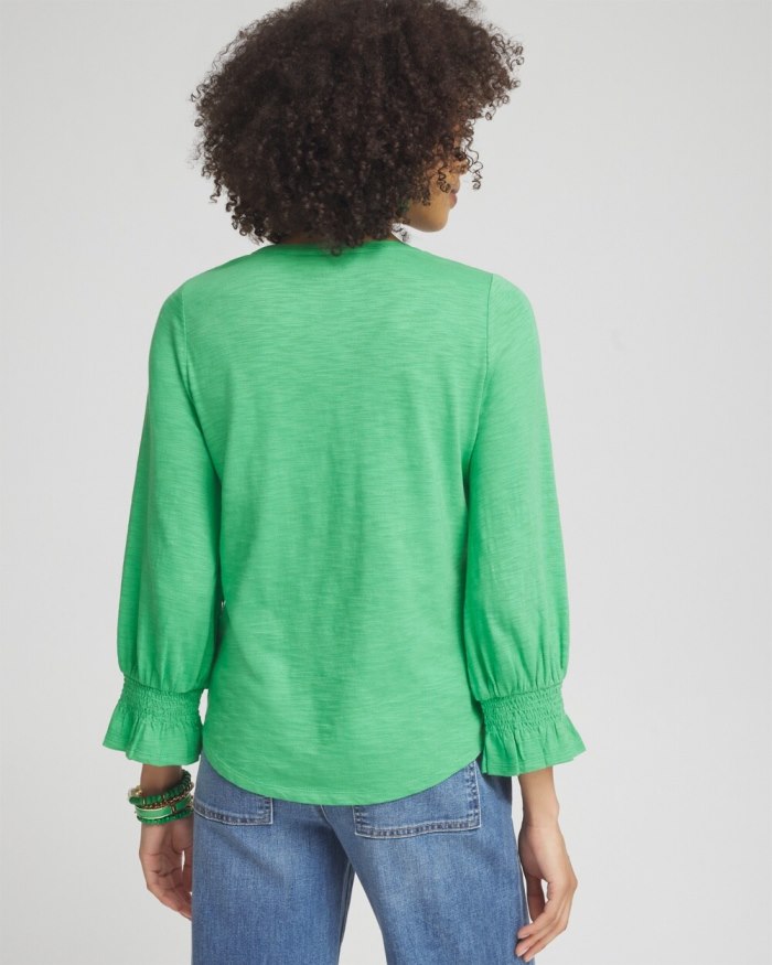 Chicos Smocked 3/4 Sleeve Tee - GRASSY GREEN