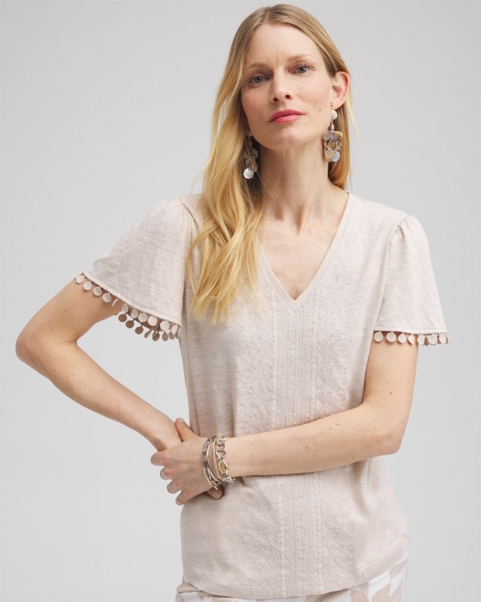 Chicos Linen Embroidered Flutter Sleeve Top - Smokey Taupe