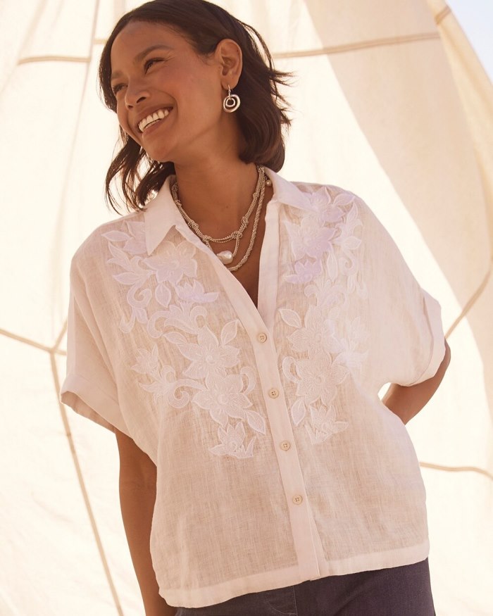 Chicos Linen Embroidered Applique Shirt - Alabaster