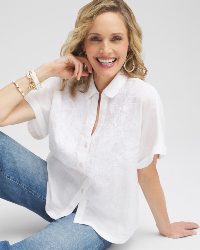 Chicos Linen Embroidered Applique Shirt - Alabaster