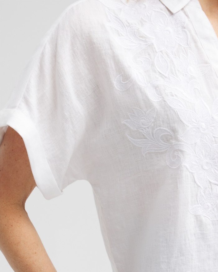 Chicos Linen Embroidered Applique Shirt - Alabaster