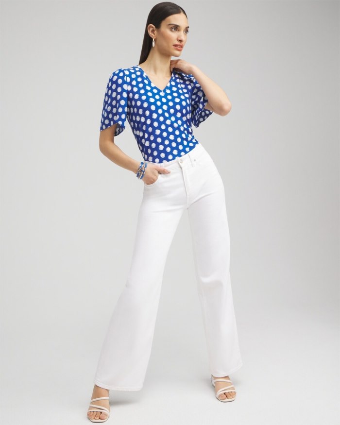 Chicos Dots Gauze Flutter Sleeve Top - Intense Azure