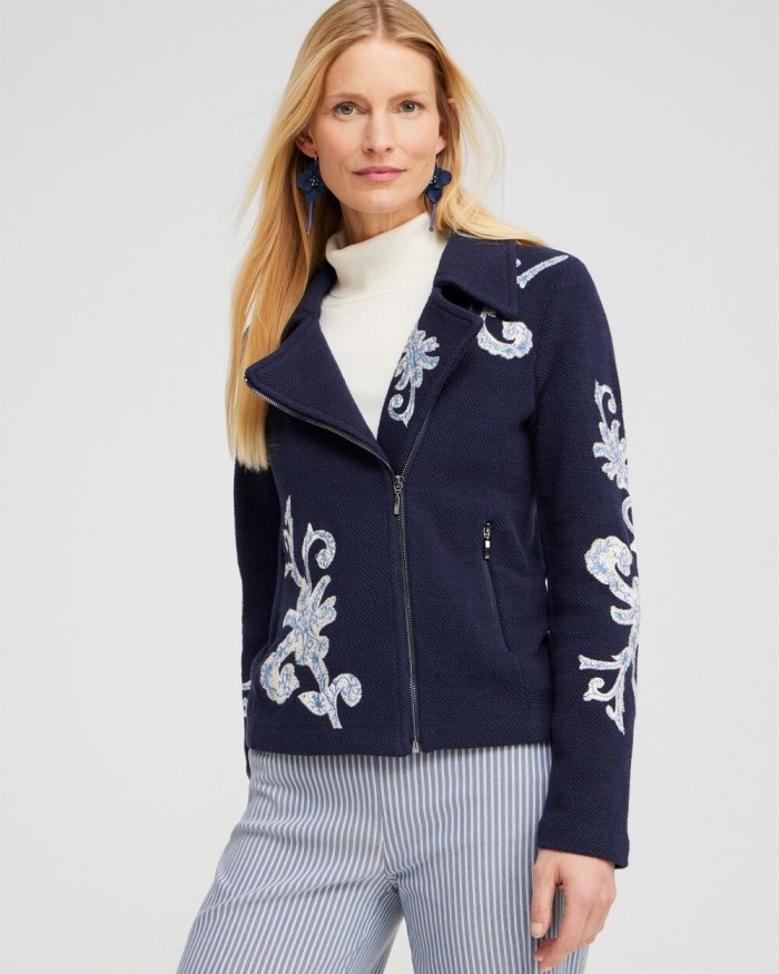 Chicos Embroidered Moto Jacket - Classic Navy