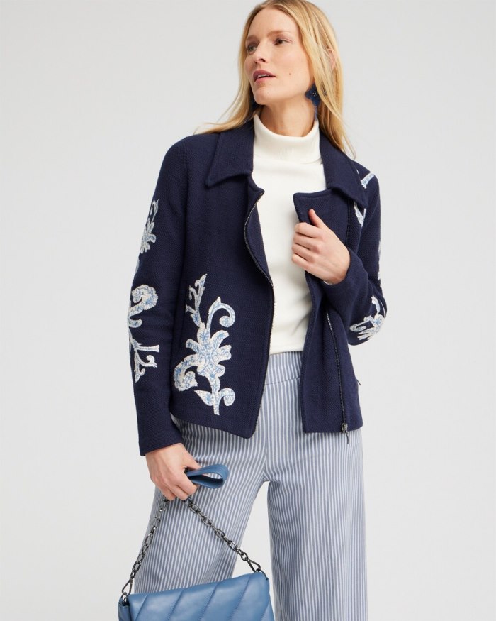 Chicos Embroidered Moto Jacket - Classic Navy