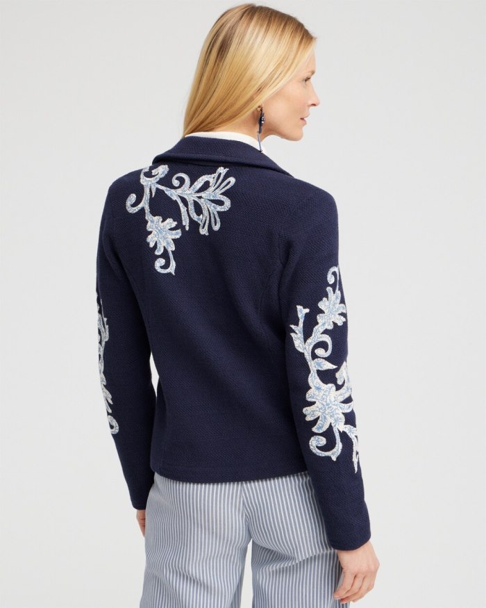 Chicos Embroidered Moto Jacket - Classic Navy