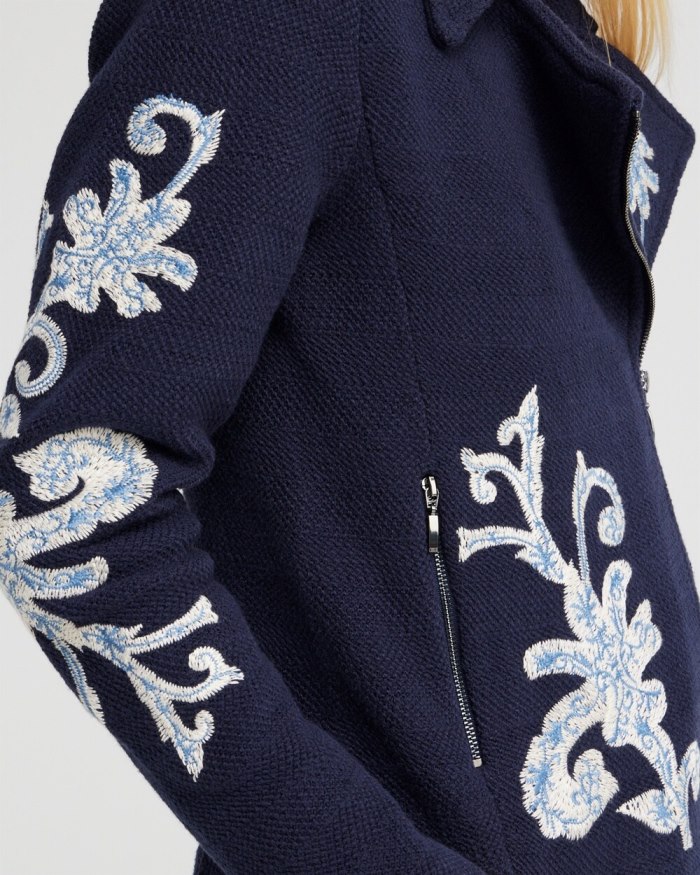 Chicos Embroidered Moto Jacket - Classic Navy