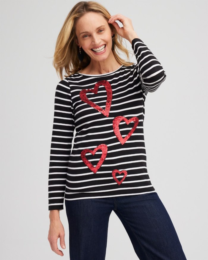 Chicos Stripe Sequin Hearts Tee - Black