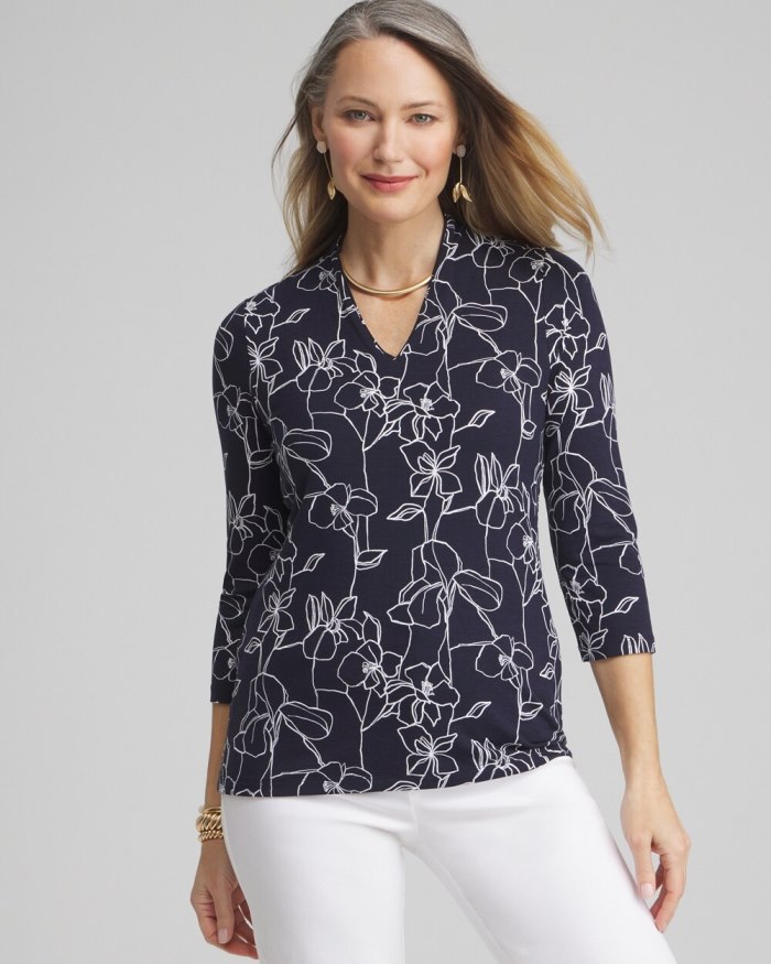 Chicos Touch of Cool Floral 3/4 Sleeve Tee - Classic Navy