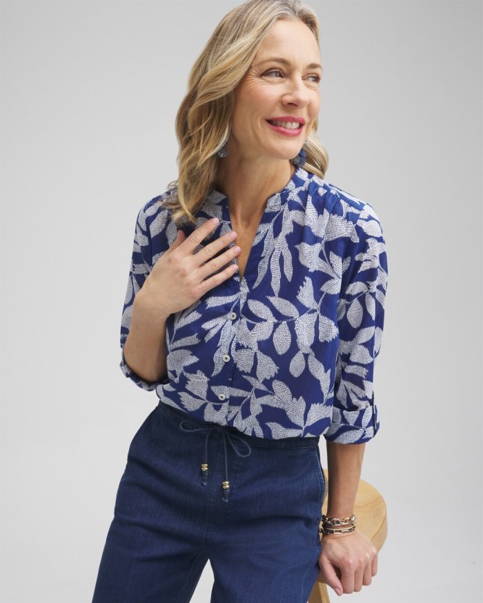 Chicos Cotton Leaf Print Shirt - Evening Eclipse