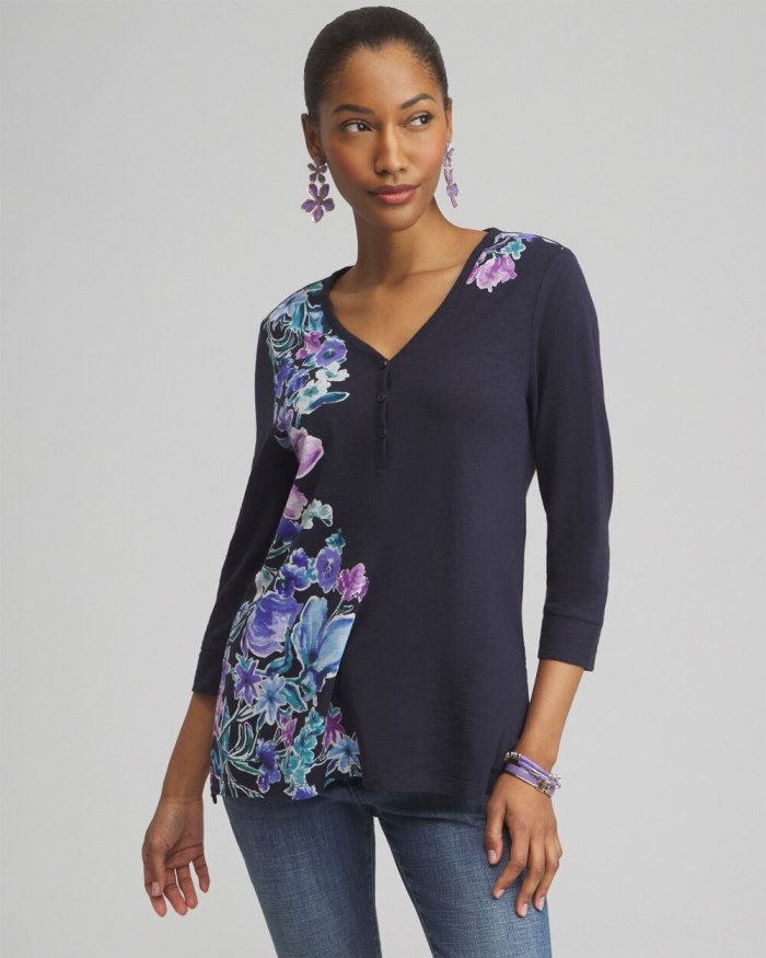 Chicos Floral Henley Side Slit Tunic - Classic Navy