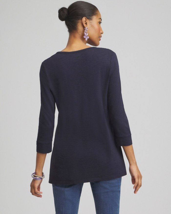 Chicos Floral Henley Side Slit Tunic - Classic Navy