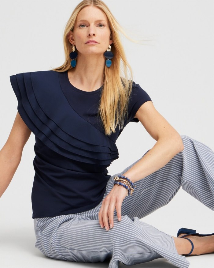 Chicos Ruffle Cap Sleeve Tee - Classic Navy