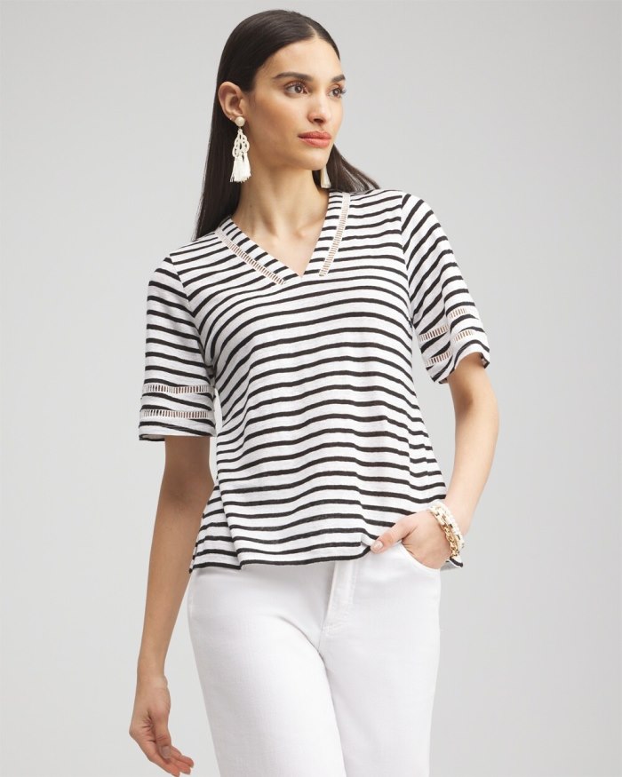 Chicos Linen Stripe Ladder Lace Tee - Alabaster