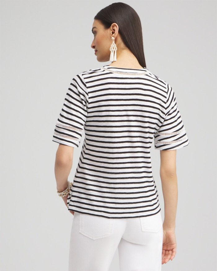 Chicos Linen Stripe Ladder Lace Tee - Alabaster