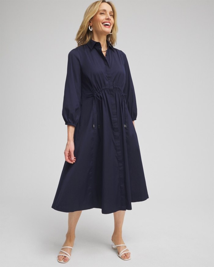 Chicos Poplin Adjustable Waist Shirt Dress - Classic Navy